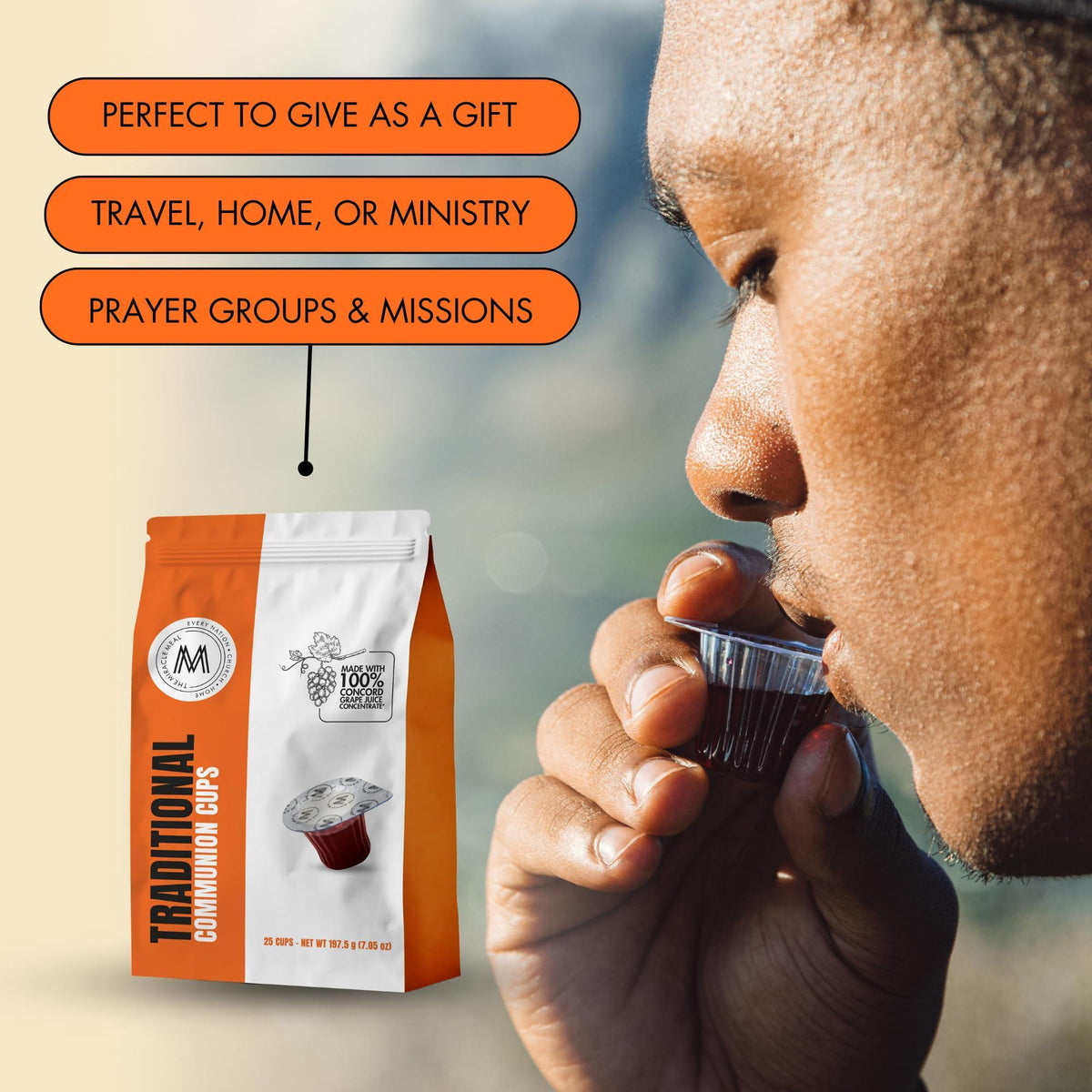 Travel Pack - The Miracle Meal Pre-Filled Traditional Communion Cup - Bag of 25 with Wafer and 100% Concord Grape Juice
