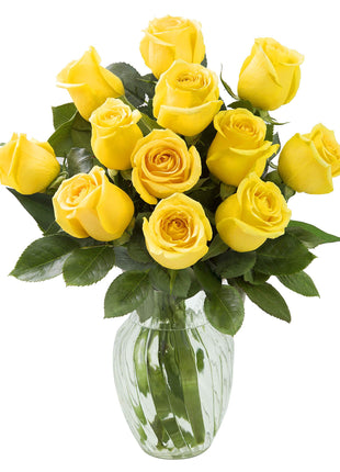 KaBloom Flowers - Mother's Day Collection - Bouquet of 12 Fresh Yellow Roses (Farm-Fresh, Long-Stem) with Vase.Gift for Birthday, Anniversary, Valentine, Mother’s Day Fresh Flowers