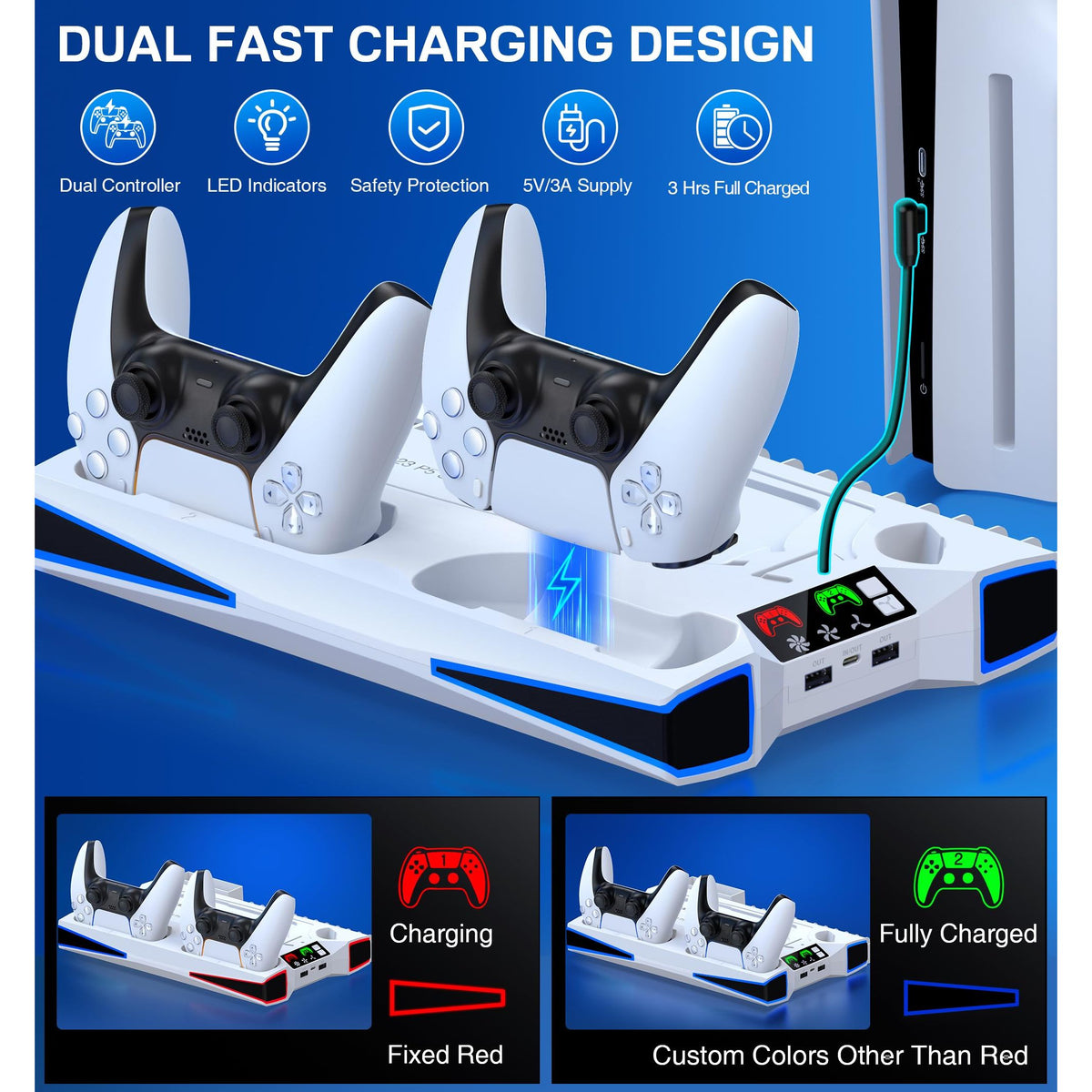 LIFUFUTEE PS5 Stand, PS5/Slim/Pro Cooling Station with 2.36in Cooling Fan, Controller Charger Station for PS5 Accessories, Light, Headset Holder, 3 Charger Ports for PlayStation 5 Slim/Pro Console