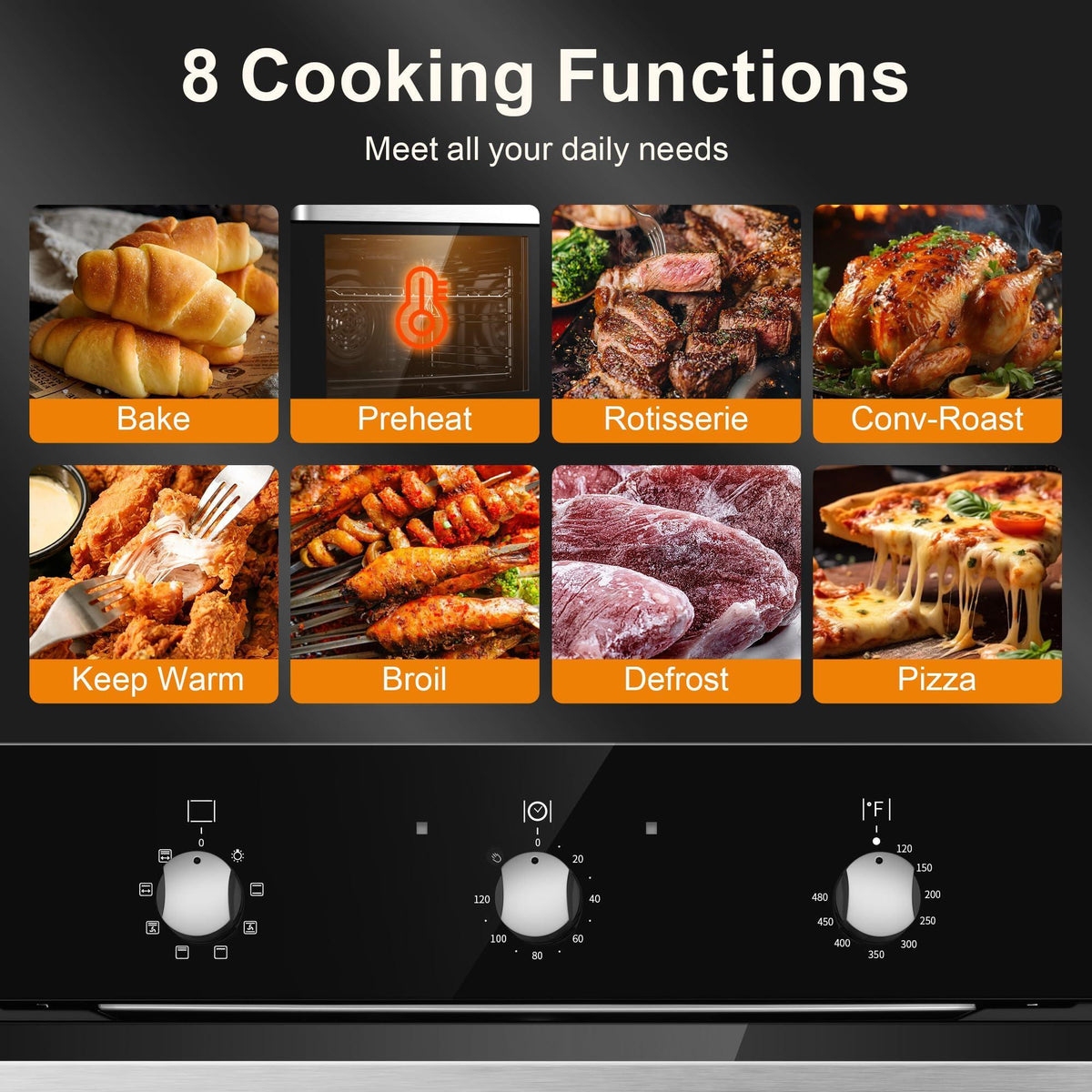 Wall Ovens 24 inch Electric,Built-in Single Wall Ovens, Convection Wall Oven with Rotisserie, 8 Cooking Functions,2900W,240V,2.15Cu.f Mechanical Knobs Control, Black Tempered Glass Finish