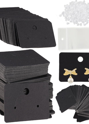 Femtindo Earring Display Cards with 100PCS Earrings Cards 200PCS Earring Backs and 100PCS Earing Packaging Self-Sealing Bags for Jewelry Selling (Black-5x3.5cm)