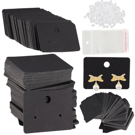 Femtindo Earring Display Cards with 100PCS Earrings Cards 200PCS Earring Backs and 100PCS Earing Packaging Self-Sealing Bags for Jewelry Selling (Black-5x3.5cm)