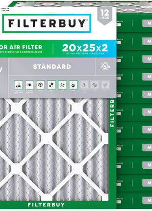 Filterbuy 20x25x2 Air Filter MERV 8 (MPR 700) Dust Defense Replacement (12-Pack), Electrostatic Pleated HVAC AC Furnace Filters, Made in USA (Actual Size: 19.50 x 24.50 x 1.75)