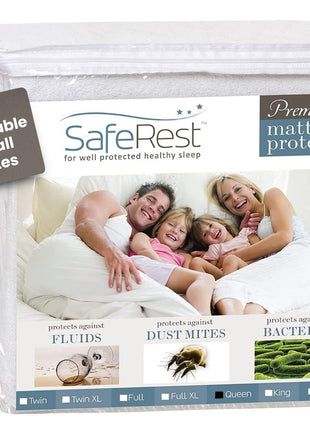 SafeRest Waterproof Queen Size Mattress Protector   Fitted with Stretchable Pockets   Machine Washable Cotton Mattress Cover for Bed
