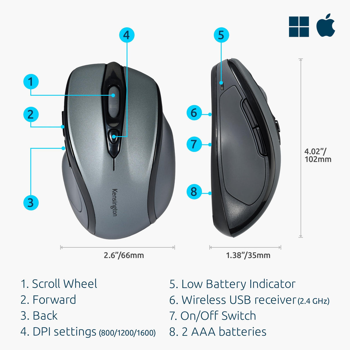Kensington Pro Fit Mid-Size Wireless Mouse, Graphite Gray (K72423AM)