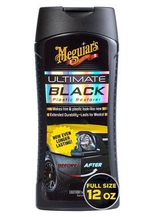Meguiar's Ultimate Black Plastic Restorer, Durable Car Restorer for Faded Black Plastic, Vinyl, and Rubber, Restores Deep Color and Shine, for Car Guys, 12 Oz