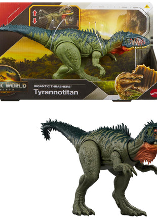 Mattel Jurassic World Rebirth Gigantic Thrashers Tyrannotitian Dinosaur Figure Toy, 2 Tail Activated Rampage Attacks, Digital Play
