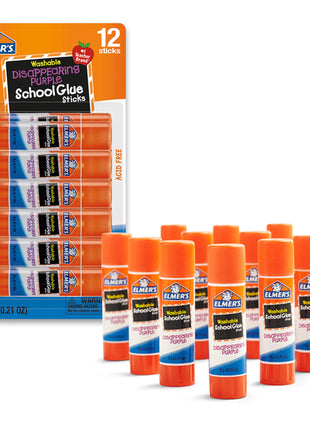 Elmer's Disappearing Purple School Glue Sticks, Washable, 6 Grams, 12 Count - Arts & Crafts, Poster, Projects, Back to School, #1 Teacher Brand