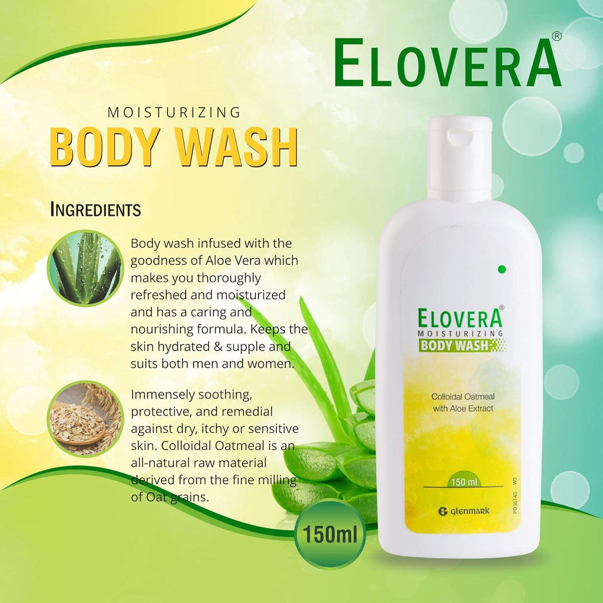 Elovera Body Wash Glenmark 150ml | Enriched with Aloe Vera & Vitamin E | Intense moisturising formula I Hydrates and makes the skin soft and healthy I Lightens skin blemishes I Non-Greasy