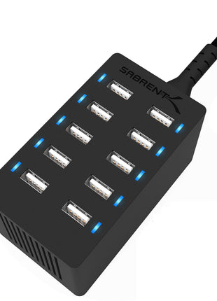 SABRENT 60W 10-Port USB Charging Station, Auto-Detect (AX-TPCS) | 12A family-sized desktop rapid charger; smart auto-detect USB ports; UL certified; black; usb power strip; usb charging hub