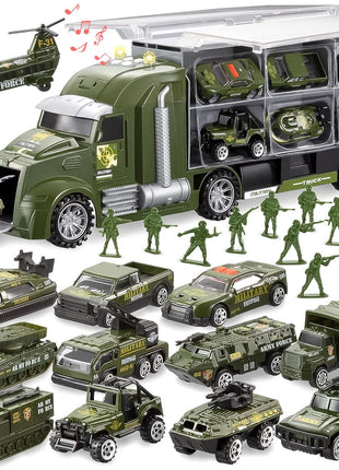 JOYIN 25 in 1 Military Kids Truck Toys for Age 3+, Toddler Boy Toys, Army Men Tanks Set with Soldier Men, Mini Battle Cars in Carrier Truck with Lights and Sounds, Gifts for Grandkids