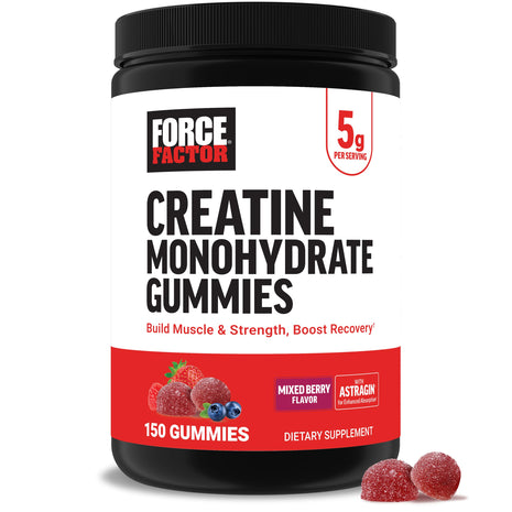 Force Factor Creatine Monohydrate Gummies, NSF Certified | 5g Dose for Men & Women to Support Muscle, Strength, Recovery, Cognitive Health & Memory, Mixed Berry, 150 Gummies