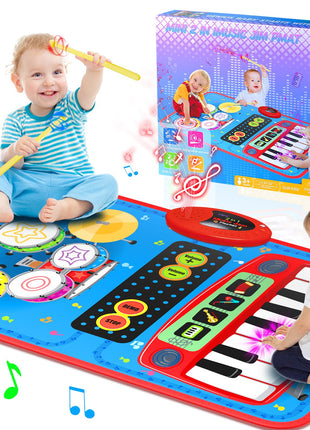 2-in-1 Musical Mat Toys for 1 2 3 4 5 Year Old, Piano Keyboard & Drum Set with 2 Drum Sticks, Early Educational Musical Learning Toys Birthday for 1 2 3 4 5 Year Old Boys & Girls, Blue