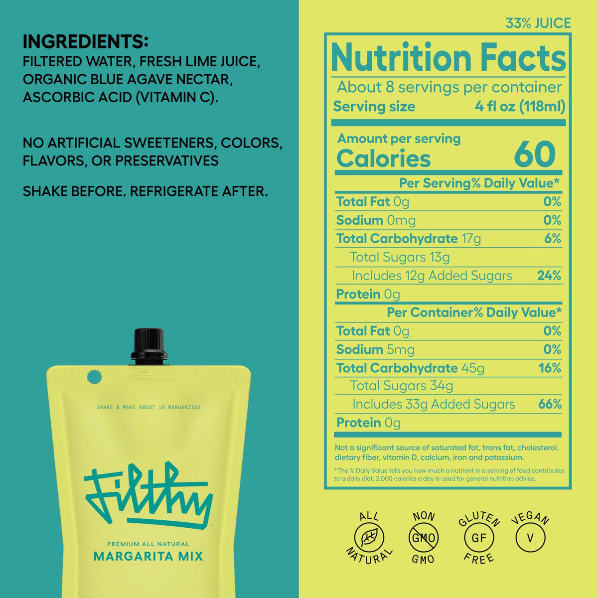 Filthy Margarita Mix, Premium Cocktail Mixer, All-Natural, Non-GMO, Vegan & Gluten-Free, Made with 100% Fresh Florida Lime Juice and Organic Agave Nectar from Jalisco Mexico, 32 Oz Pouch