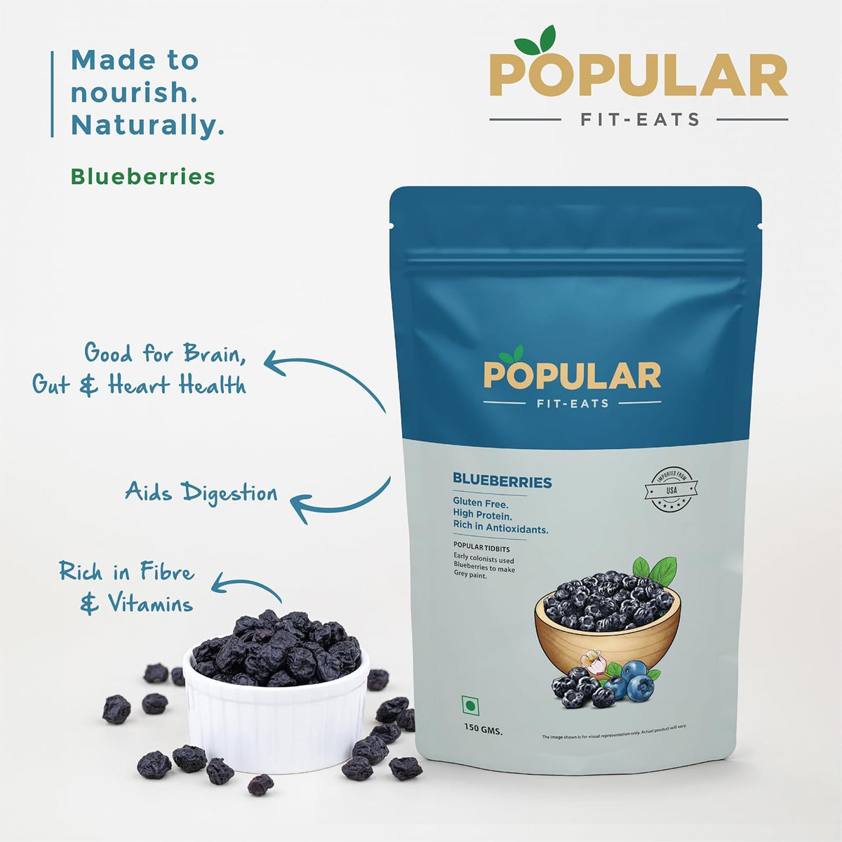 POPULAR FIT-EATS Blueberries Whole, 150 Grams- Whole Dried Blueberries, Antioxidant Rich, Immunity Booster, Low Fat Snacks, Healthy Snacking For Kids And Adults