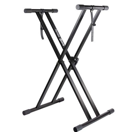 RockJam Xfinity Double X Keyboard Stand, Pre-Assembled & Adjustable | Pre-assembled double X keyboard stand with safety lock and straps for full size digital pianos, lessons and stage