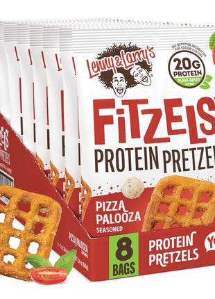Lenny & Larry's FITZELS Protein Pretzels (Pizza Palooza) 8 Individual Bags 3 oz Each – High Protein Snacks with 20g of Plant Based Protein – Healthy Vegan Pretzels – Delicious Salty Taste