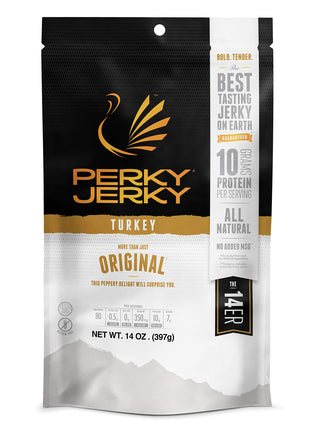 Perky Jerky Original Turkey Jerky, 14oz - Low Sodium - 10g Protein per Serving - Low Fat - 100% U.S. Sourced - Handcrafted, Tender Texture and Bold Flavor
