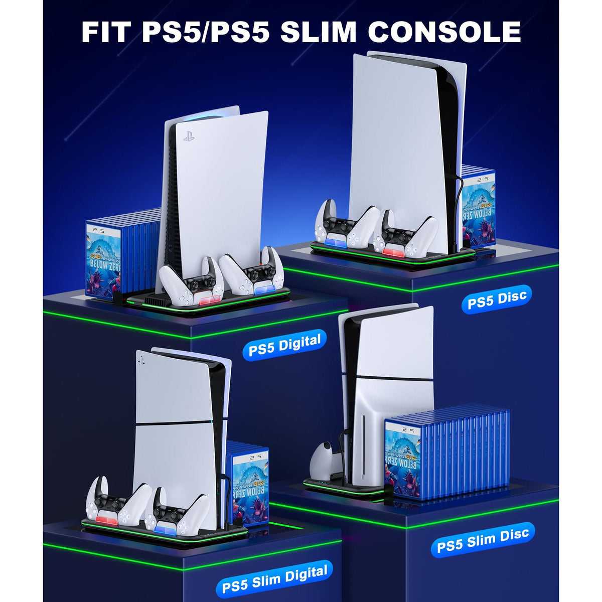 PS5/PS5 Slim Stand and Cooling Station with Controller Charging Station for Playsation 5, PS5 Accessories Kit Incl. 3 Levels Cooling Fan, LED, 15 Game Slot, Headset Holder for PS5 Digital/Disc Console
