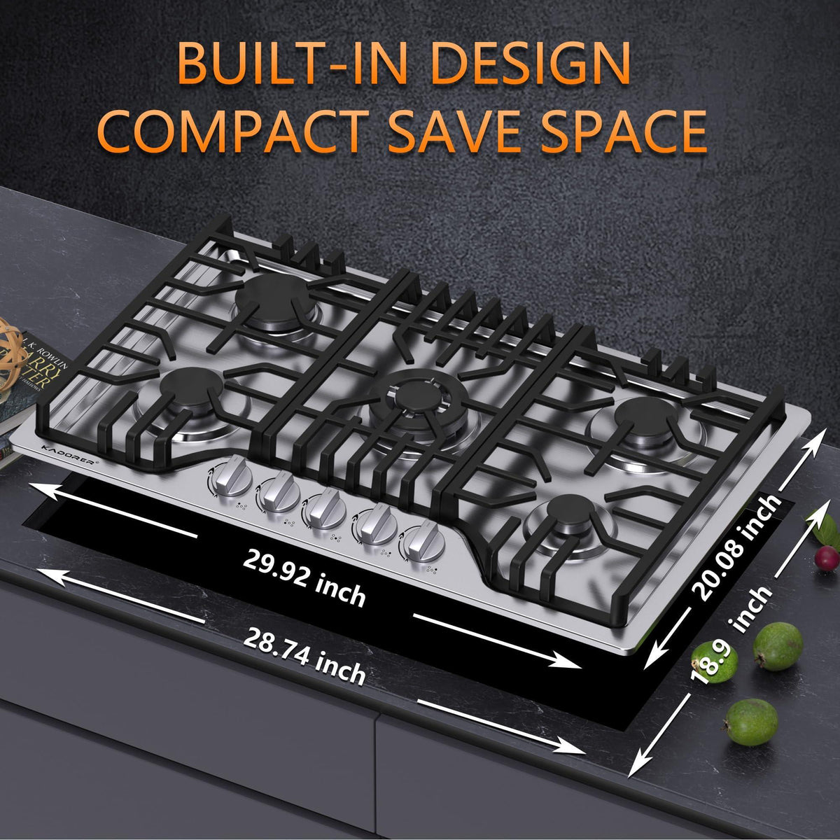 30 inch Gas Cooktop, Bulit-in Gas Stove Top with 5 Burner, NG/LPG Convertible Cooktops, 5 Burner Propane Cooktop with Thermocouple Protection, Stainless Steel