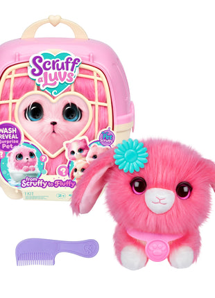 ScruffaLuvs Pink Surprise Pet, Mystery Plush Toy, Wash to Reveal | Wash to reveal 1 of 3 rescue pets, includes deluxe carrier & comb; plush toys for girls ages 3+, gift