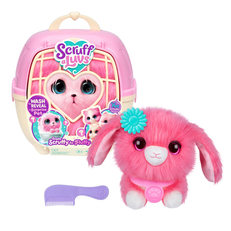ScruffaLuvs Pink Surprise Pet, Mystery Plush Toy, Wash to Reveal | Wash to reveal 1 of 3 rescue pets, includes deluxe carrier & comb; plush toys for girls ages 3+, gift
