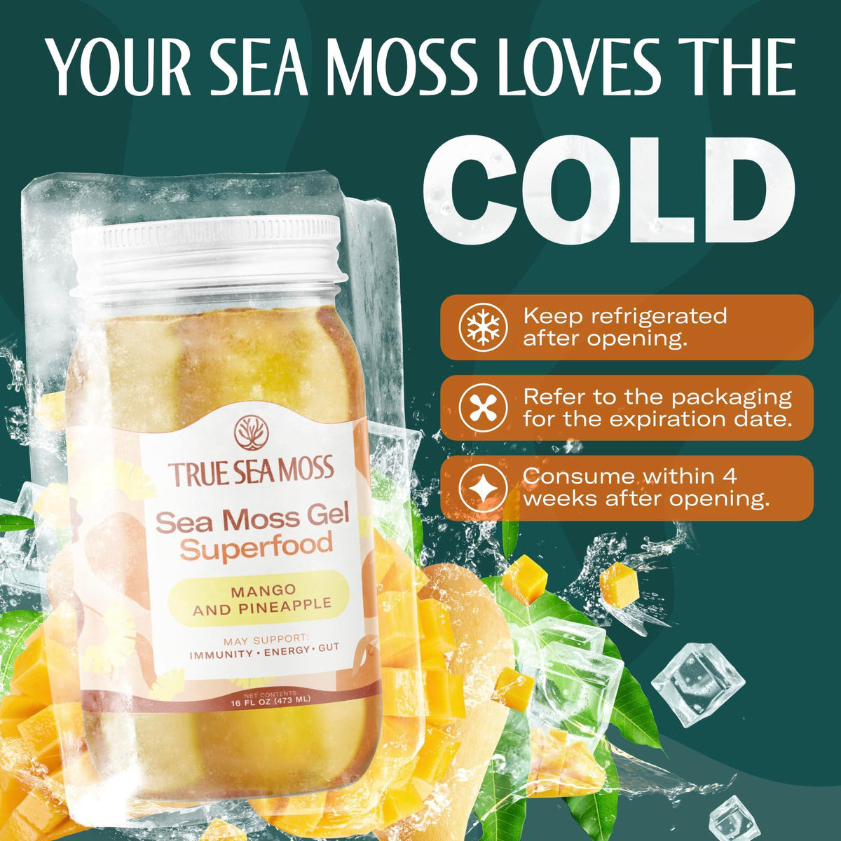 TrueSeaMoss Sea Moss Gel – Made in USA – Wildcrafted Seamoss, Fresh Fruits & Sea Vegetables – Mango/Pineapple, Pack of 1 (Labels may Vary)