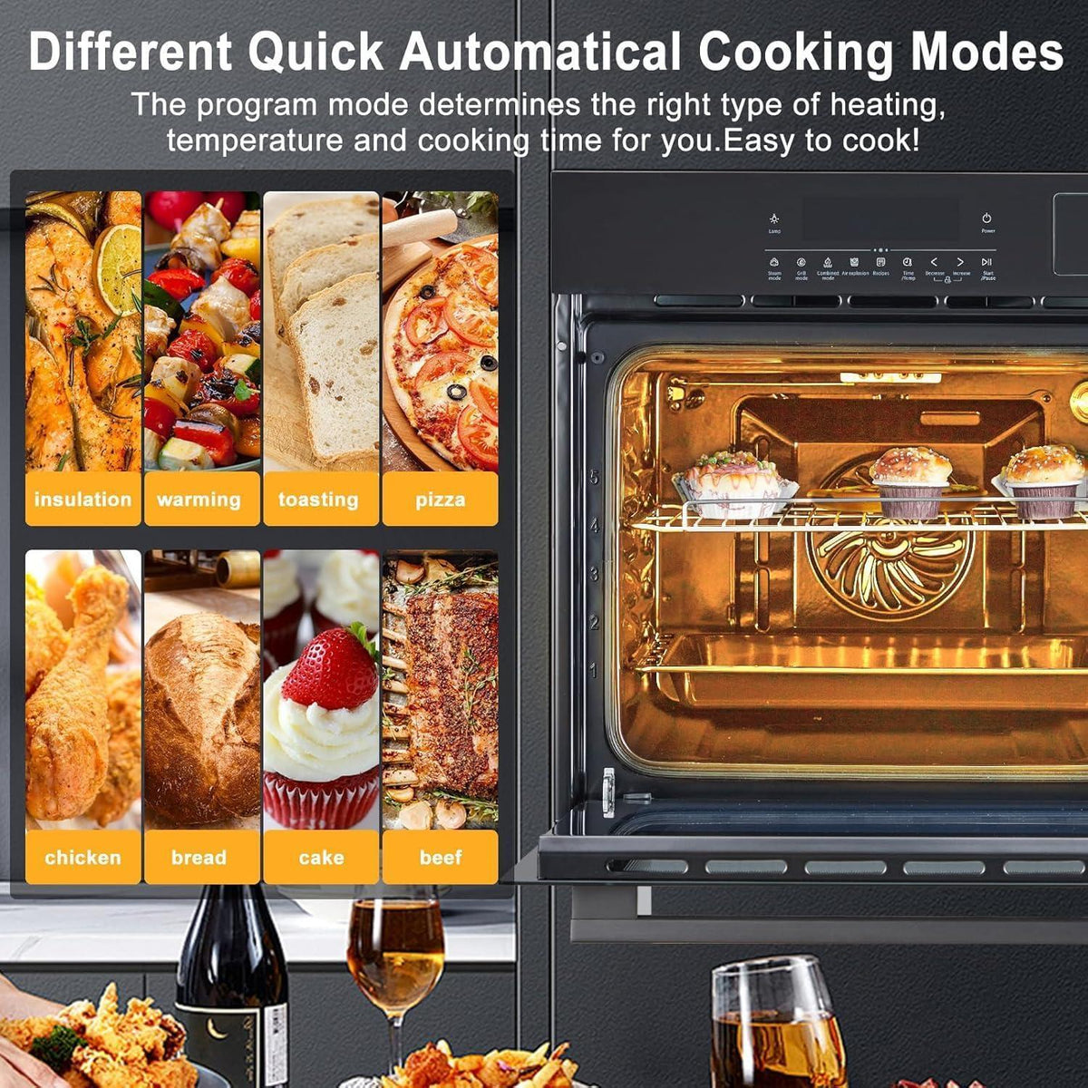 24" Single Wall Oven, 2.5 Cu.ft Built-in Timer-Convection Electric Wall Oven with 8 Baking Modes, 3000W, 240V, Stainless Steel, 3D Surround Heating, Timer, Touch Control, Safety Lock, Black