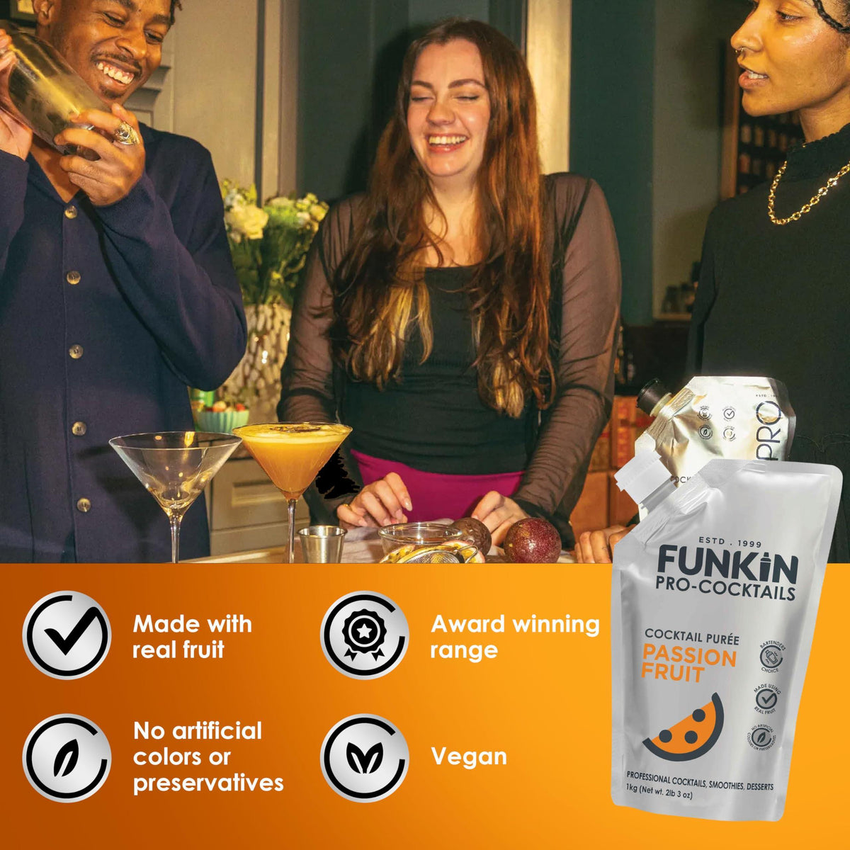 Funkin Passion Fruit Puree | Real Fruit, Two Ingredient, Natural Mixer for Cocktails, Drinks, Smoothies | Vegan, Non-GMO, Gluten-Free (2.2 lbs)