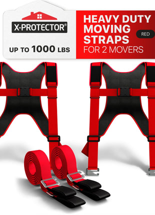 X-Protector Moving Straps - 2 Pairs - Red Lifting Straps for 2 Movers | Move Furniture Easily and Safely - Perfect for Lifting & Moving Heavy Objects (Adjustable Length 50-118", with Back Support)
