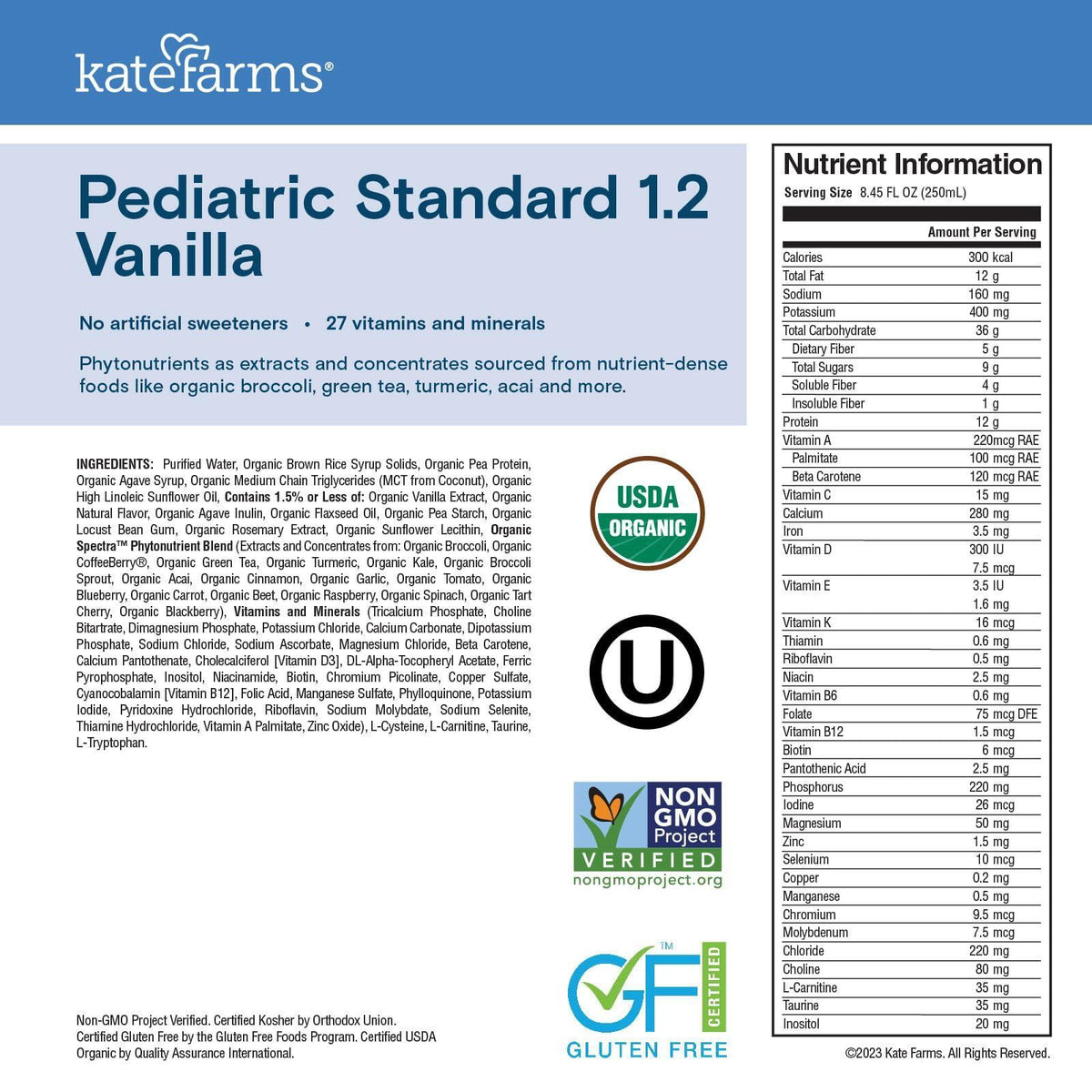 KATE FARMS Organic Pediatric 1.2 Sole-Source Vanilla Nutrition Shake, 12g protein, 27 Vitamins and Minerals, High Calorie Meal Replacement, Gluten Free, 8.45 oz (12 pack)