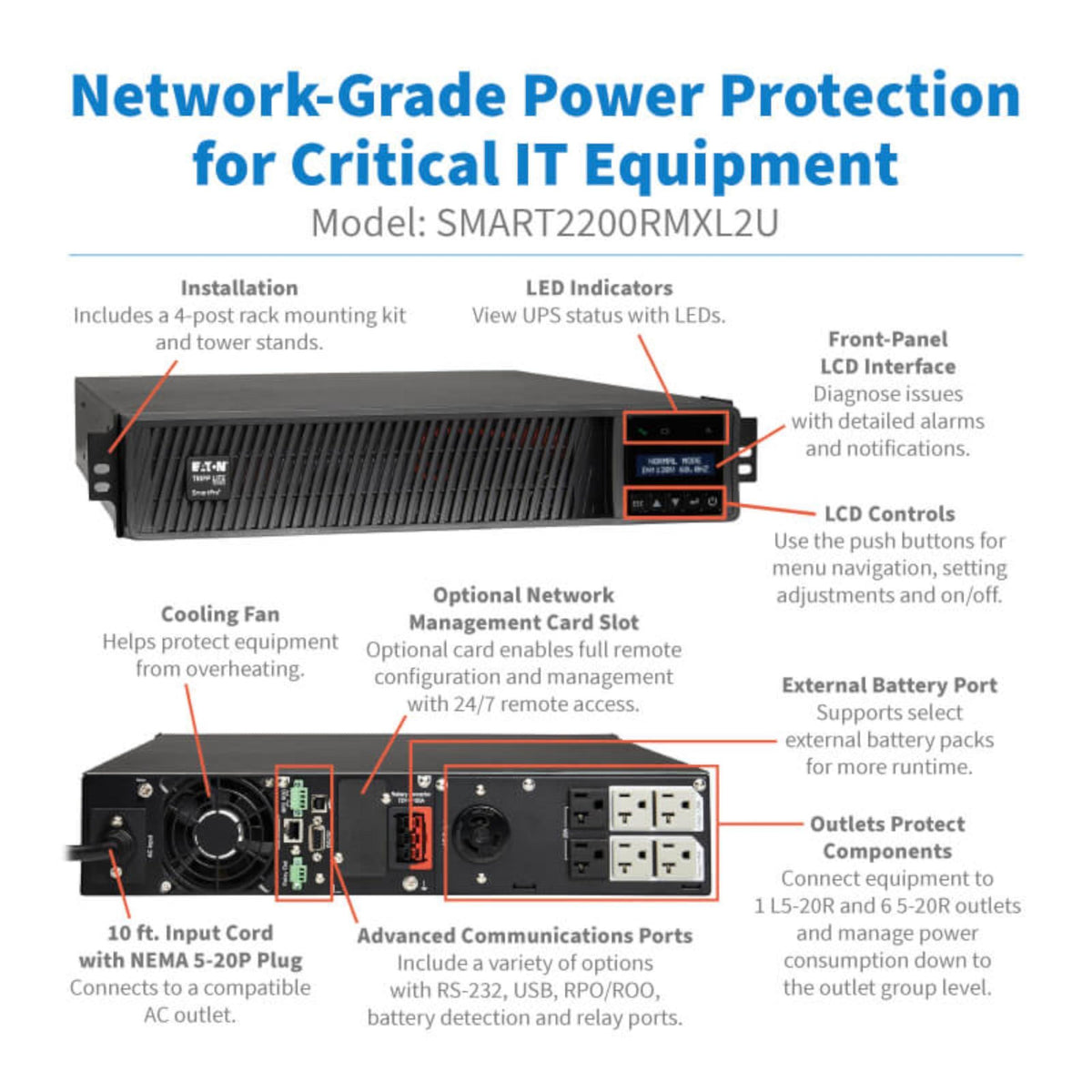 Eaton Tripp Lite Series 2200VA Smart UPS Back Up, Sine Wave, 1920W, 7 Outlets, 2U Rackmount, Extended Run & Network Card Option, LCD, USB, DB9, 3-Year Warranty & $250,000 Insurance (SMART2200RMXL2U)