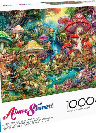 Buffalo Games - Merry Mushroom Village Picnic - 1000 Piece Puzzle | Made in USA, Recycled Board, Finished Size 26.75 x 19.75 in, Includes Poster, Giftable, Frameable Art