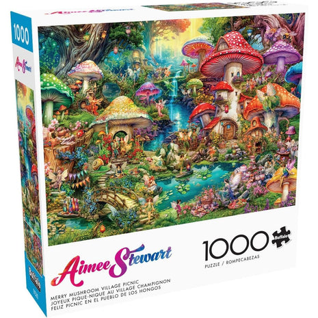 Buffalo Games - Merry Mushroom Village Picnic - 1000 Piece Puzzle | Made in USA, Recycled Board, Finished Size 26.75 x 19.75 in, Includes Poster, Giftable, Frameable Art