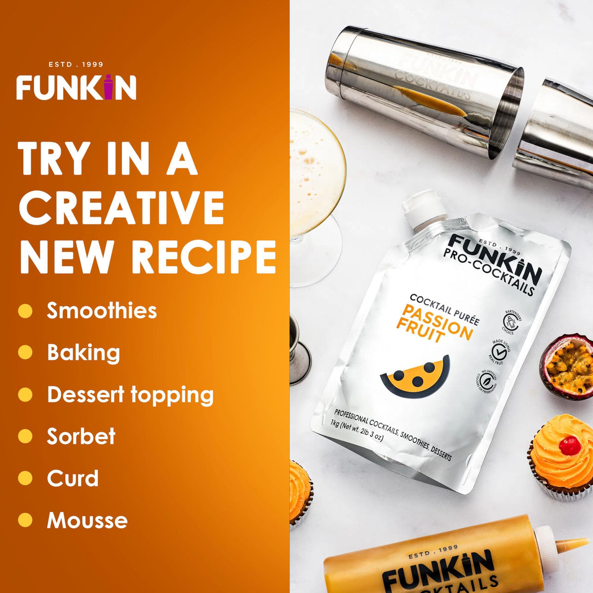 Funkin Passion Fruit Puree | Real Fruit, Two Ingredient, Natural Mixer for Cocktails, Drinks, Smoothies | Vegan, Non-GMO, Gluten-Free (2.2 lbs)
