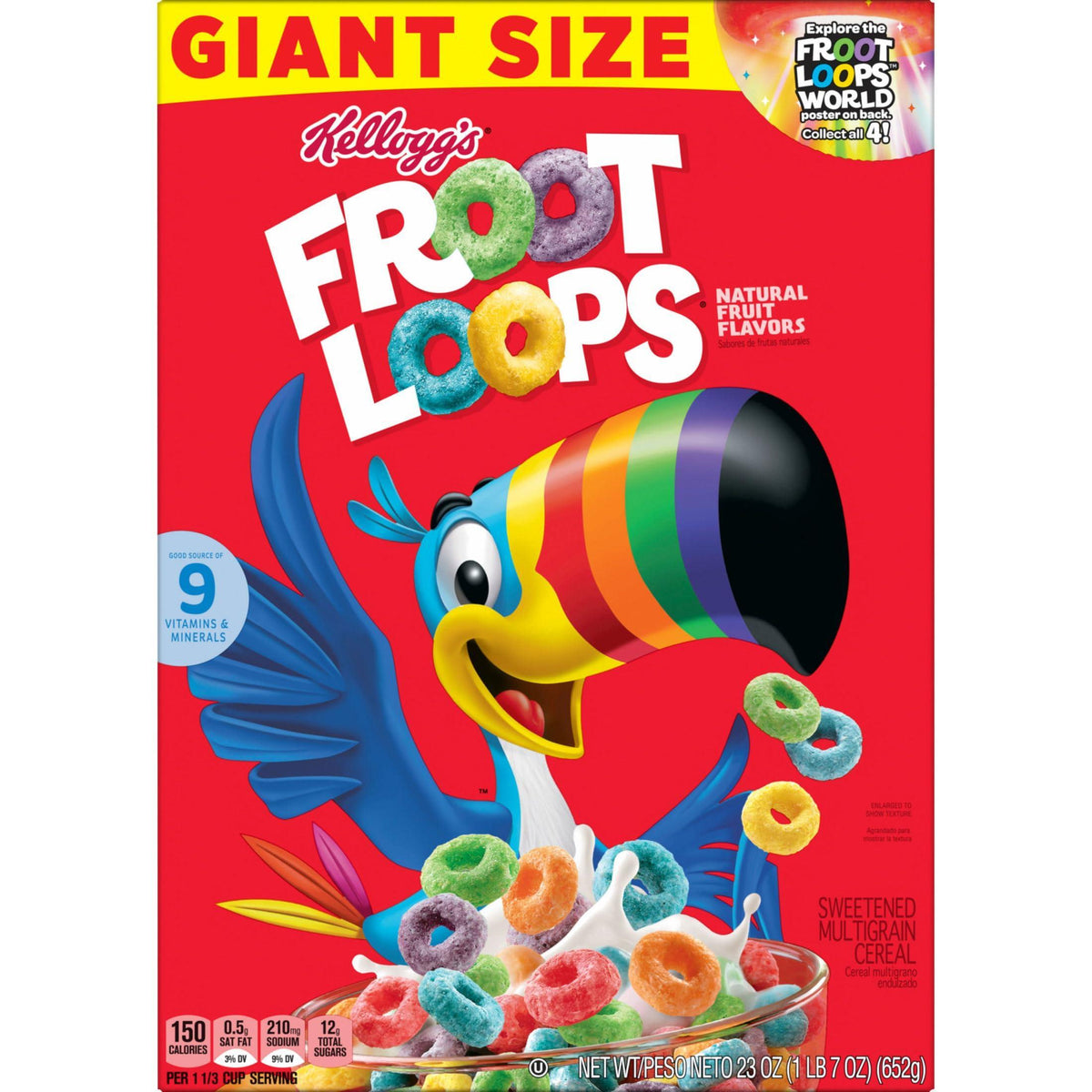 Kellogg’s Froot Loops Breakfast Cereal, Good Source of Fiber, 15g Whole Grain, Giant Size, 23 oz