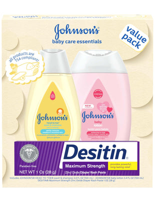 Johnson's Baby Care Essentials Gift Set, Body Lotion, & Zinc Oxide Diaper Rash Paste for Baby's Delicate Skin, Value Pack, Travel-Size, Bath Essentials Must Haves, Baby Gifts, 3 Items