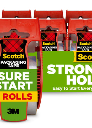 Scotch Sure Start Packing Tape, Clear, Quiet Unwind and Easy Start, 1.88 in. x 22.2 yd., 6 Tape Rolls with Dispensers