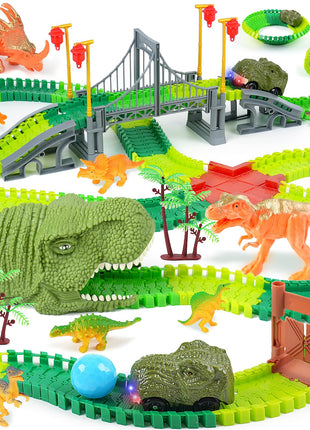 Dinosaur Race Track Toy for Kids Ages 3-6 | Flexible Track Playset with 2 Light-Up Dino Cars, 8 Dinosaur Figures, Tunnel, Bridge & Accessories, Buildable Gift for Boys