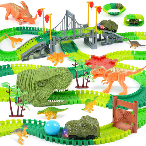 Dinosaur Race Track Toy for Kids Ages 3-6 | Flexible Track Playset with 2 Light-Up Dino Cars, 8 Dinosaur Figures, Tunnel, Bridge & Accessories, Buildable Gift for Boys