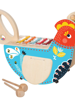 Manhattan Toy Musical Chicken Wooden Instrument for Toddlers with Xylophone, Drumsticks, Cymbal and Maraca,Blue