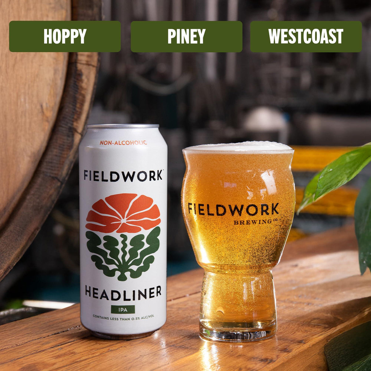 Fieldwork Non-Alcoholic Craft Beer 16 Fl Oz, Award-Winning Taste, Headliner IPA, Vegan, Low-Calorie, 4-Pack Cans