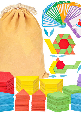 LovesTown 209 PCS Shapes Wooden Pattern Blocks for Kids | Geometric with Activity Cards, Storage Bag, Educational Tangram Puzzles, Great Learning Gift