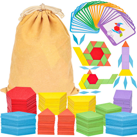 LovesTown 209 PCS Shapes Wooden Pattern Blocks for Kids | Geometric with Activity Cards, Storage Bag, Educational Tangram Puzzles, Great Learning Gift