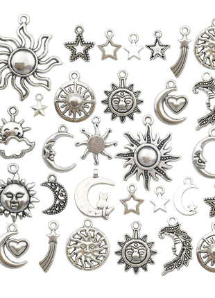 100g(80pcs) Craft Supplies Mixed Antique Silver Sun Moon Stars Charms Pendants for Crafting, Jewelry Findings Making Accessory for DIY Necklace Bracelet (M250)
