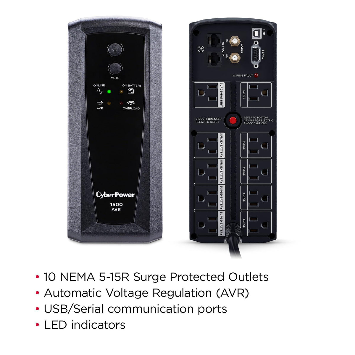 CyberPower CP1500AVRT AVR UPS Battery Backup and Surge Protector, 1500VA/900W, 10 Outlets, Mini-Tower, UL Certified