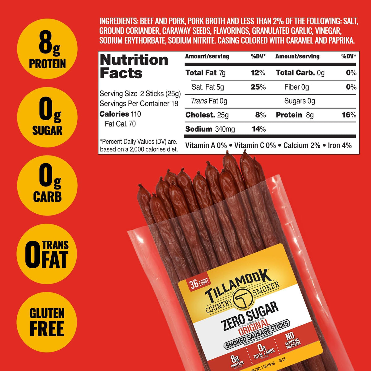 Tillamook Country Smoker Smoked Sausage, Zero Sugar, Original, 16 Ounce (36 Count Meat Sticks Bulk Pack) Real Hardwood Smoked Sausages, Low Carb, High Protein Ready to Eat Keto Snack