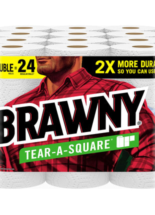 Brawny Tear-A-Square Paper Towels, 12 Double Rolls = 24 Regular Rolls, 3 Sheet Sizes (Quarter, Half, Full), Strength for All Messes, Cleanups, and Meal Prep