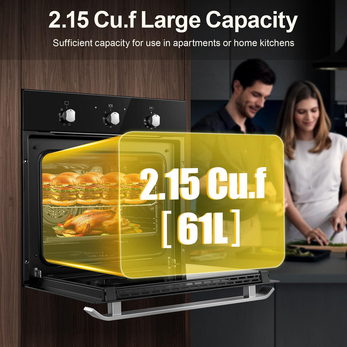 Wall Ovens 24 inch Electric,Built-in Single Wall Ovens, Convection Wall Oven with Rotisserie, 8 Cooking Functions,2900W,240V,2.15Cu.f Mechanical Knobs Control, Black Tempered Glass Finish