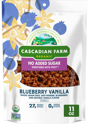 Cascadian Farm Organic Granola with No Added Sugar, Blueberry Vanilla Cereal, Resealable Pouch, 11 oz.